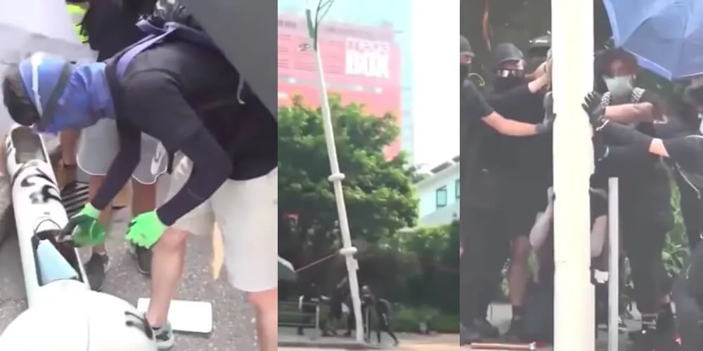 Hong Kong protesters destroying a smart lamppost over facial recognition fears